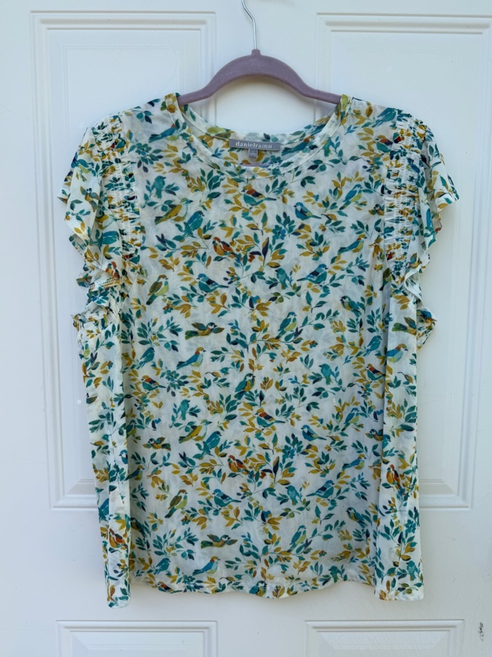 Daniel Rainn Cream Short Sleeve Bird & Floral Print Top